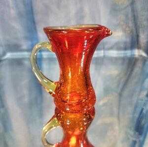 AMBERINA UV REACTIVE Blown Crackle MCM Collectible Art Glass Pitcher 3.25"